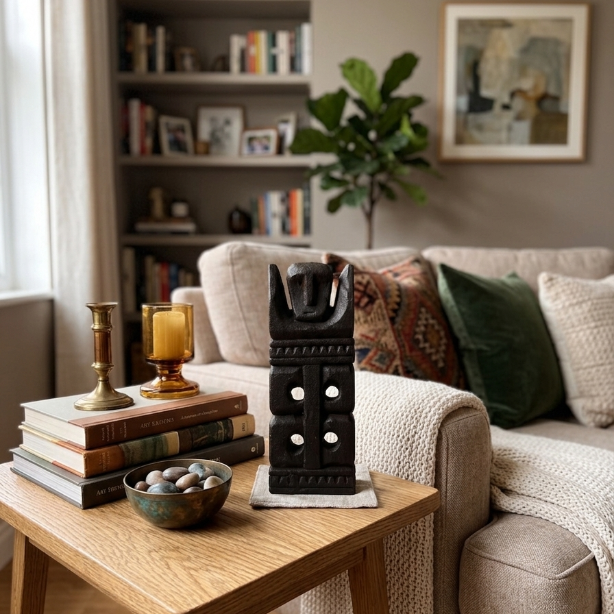Rustic wooden tribal totem styled on a living room side table next to a stack of books and a brass candle holder in a modern warm-toned interior.