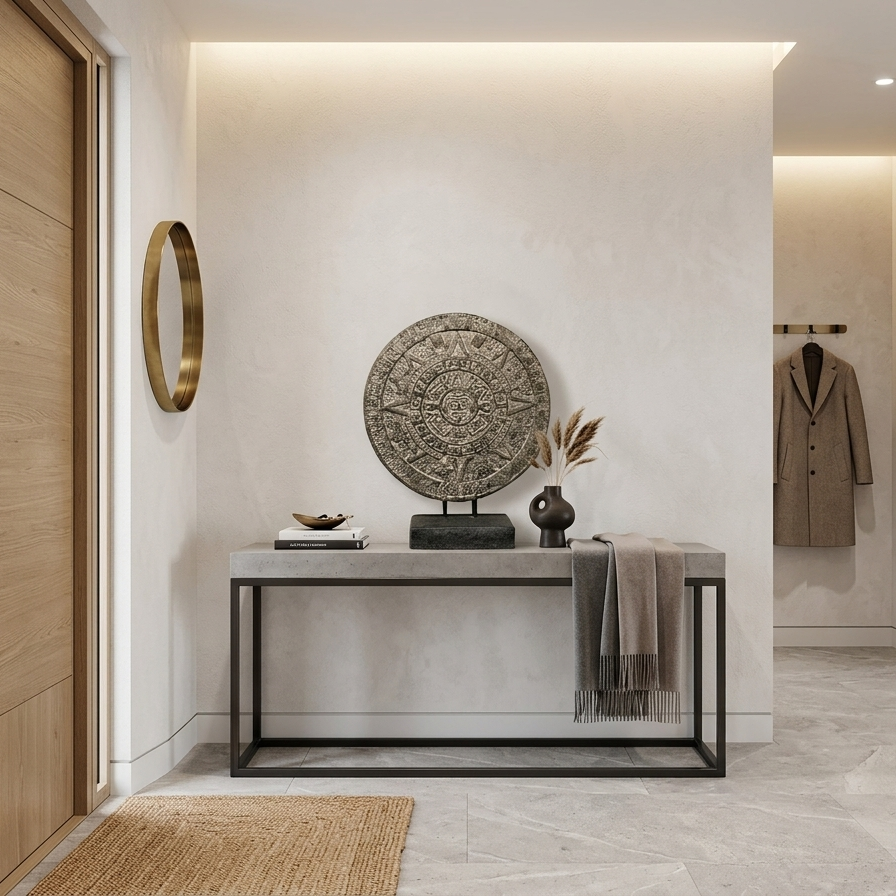 A large stone-finish Aztec Sun Stone statue displayed as a centerpiece on a modern concrete console table in a minimalist white entryway.