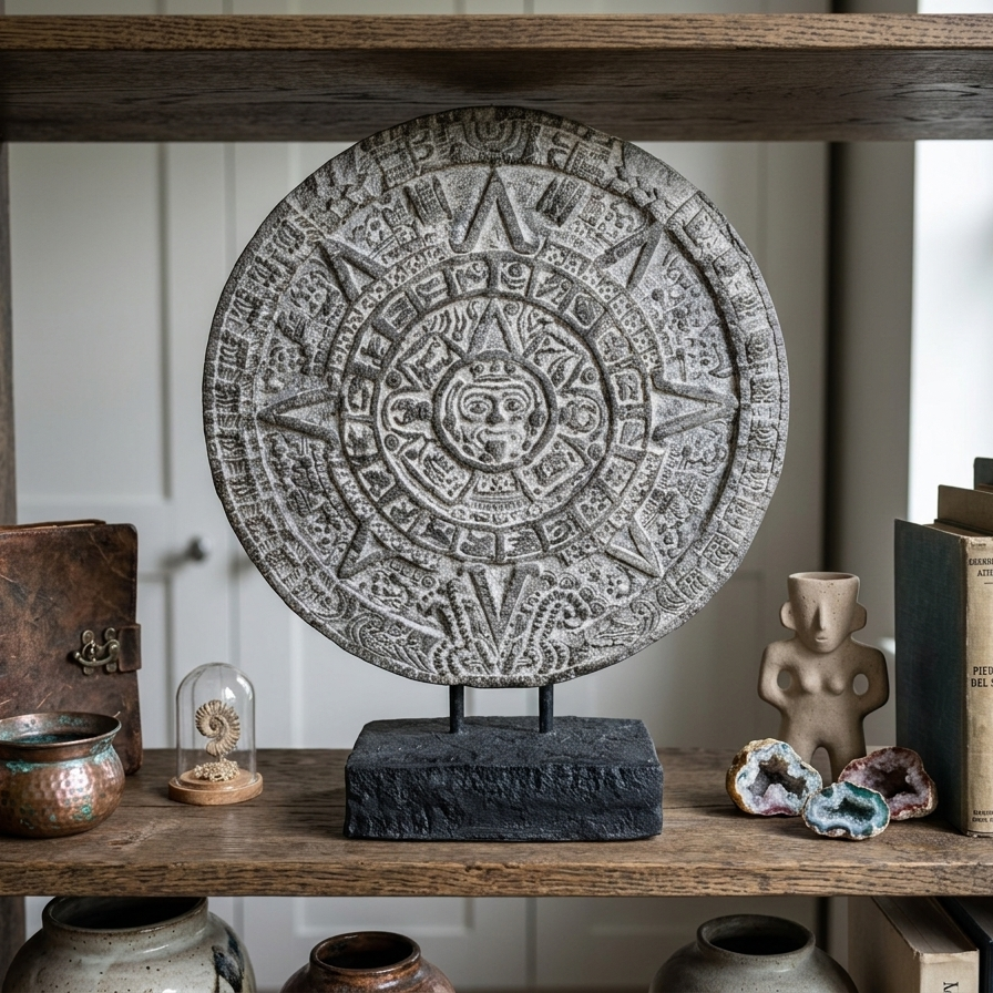 Authentic Aztec calendar stone replica centered on a rustic oak shelf with geodes, pottery, and vintage Mesoamerican history books.
