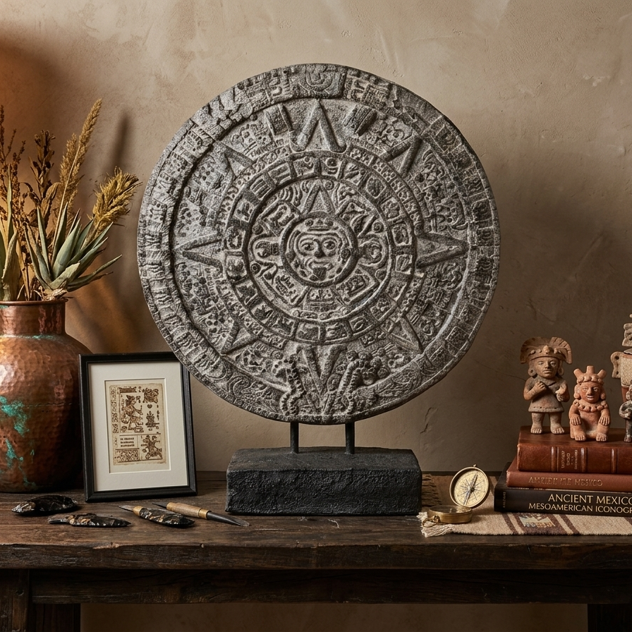 Front view of an Aztec calendar sculpture on a dark wood bookshelf, surrounded by antique leather-bound books, a brass compass, and turquoise stones.