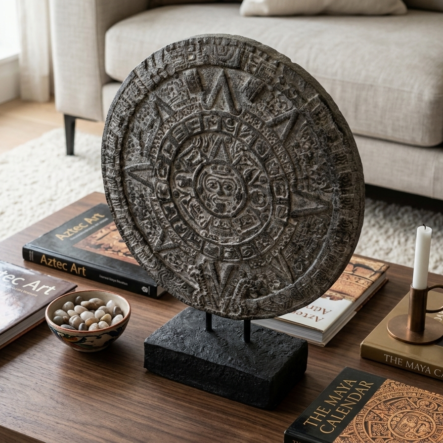Aztec Sun Stone decor on a wooden coffee table in a bright living room, styled next to "The Maya Calendar" books and a white candle.