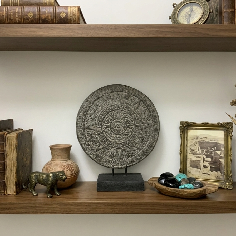 Front view of an Aztec calendar sculpture on a dark wood bookshelf, surrounded by antique leather-bound books, a brass compass, and turquoise stones.