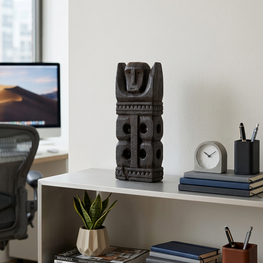Handcrafted dark wood primitive sculpture sitting on a minimalist grey metal bookshelf next to a small potted snake plant and office accessories.