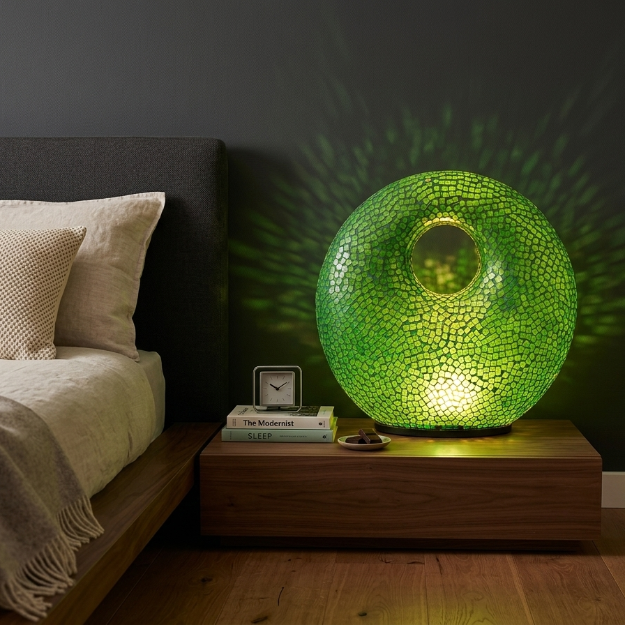 Large green mosaic donut-shaped lamp glowing against a dark charcoal wall in a modern bedroom, casting patterned light onto the wall next to a platform bed.