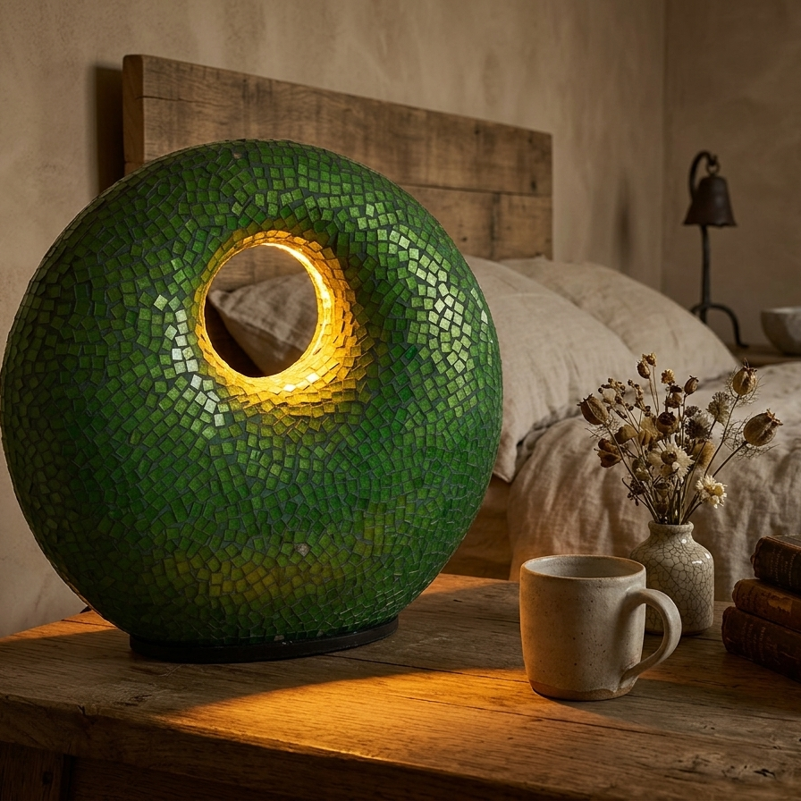 A green mosaic ring lamp providing warm ambient lighting on a rustic wooden nightstand, styled with a ceramic mug and dried flowers in a cozy, earthy-toned bedroom.