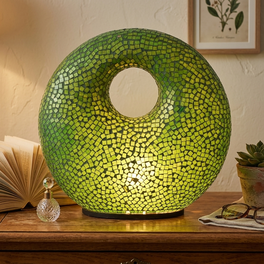 Close-up of a circular green mosaic glass table lamp with a center cutout, illuminated on a vintage wooden dresser next to an open book and a small perfume bottle.