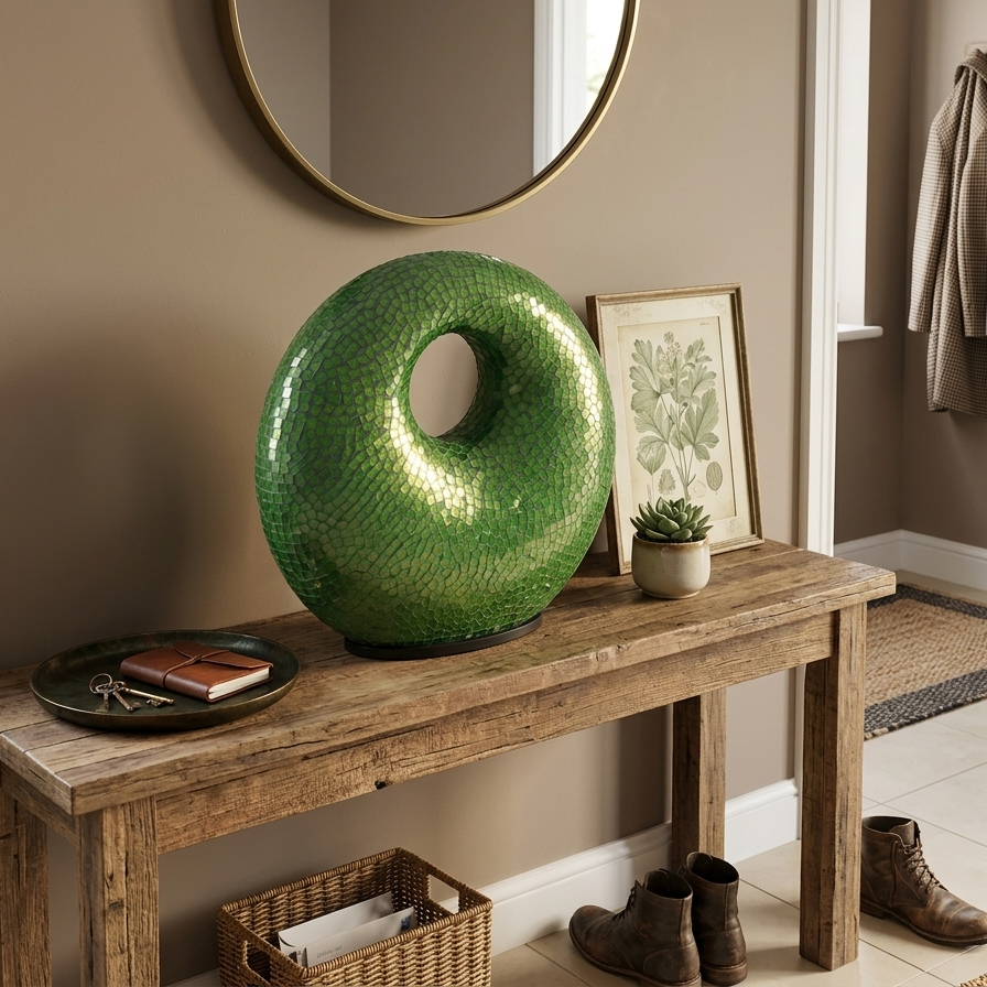 Large green mosaic sculpture lamp unlit on a natural wood entryway console table, paired with a round mirror, botanical art, and a small succulent.