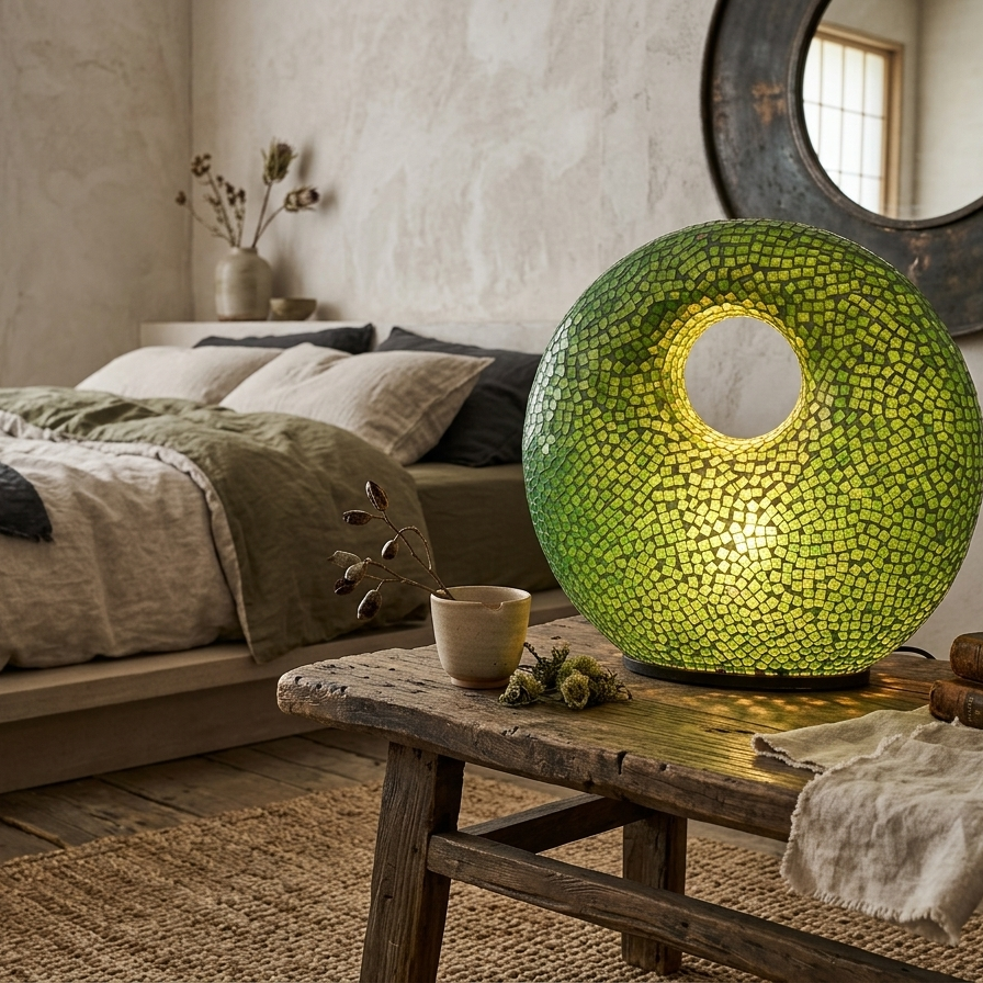 Decorative green glass mosaic lamp with a hollow center on a reclaimed wood bench at the foot of a bed, highlighting a bright and airy minimalist interior design.