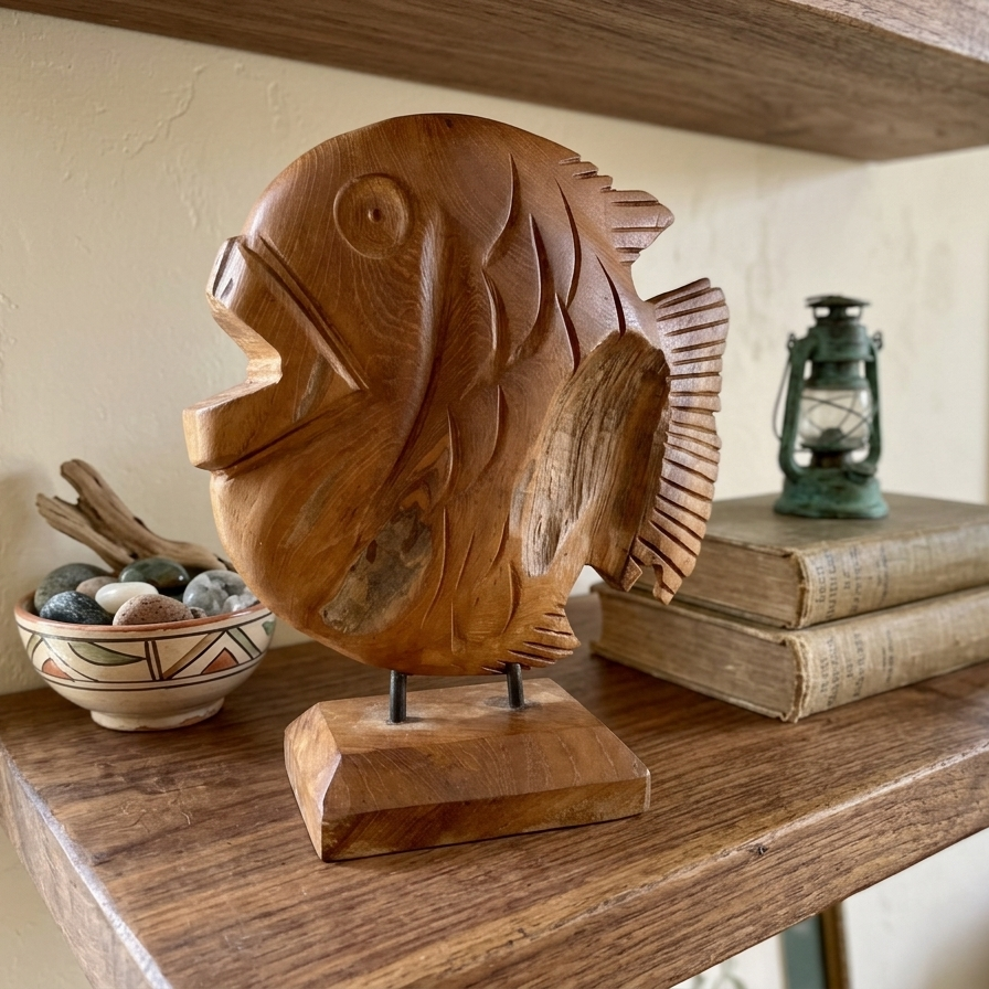Hand-carved wooden fish statue on a rustic wooden shelf, styled with a bowl of river stones and vintage books in a warm, lit interior.