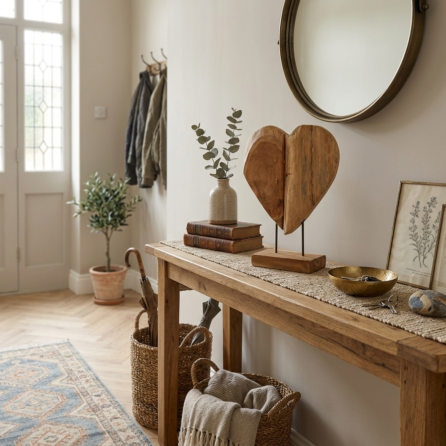 An entryway console table styled with a jute runner, a wooden heart statue, a small vase of eucalyptus, and framed botanical prints, creating a warm and welcoming home atmosphere.
