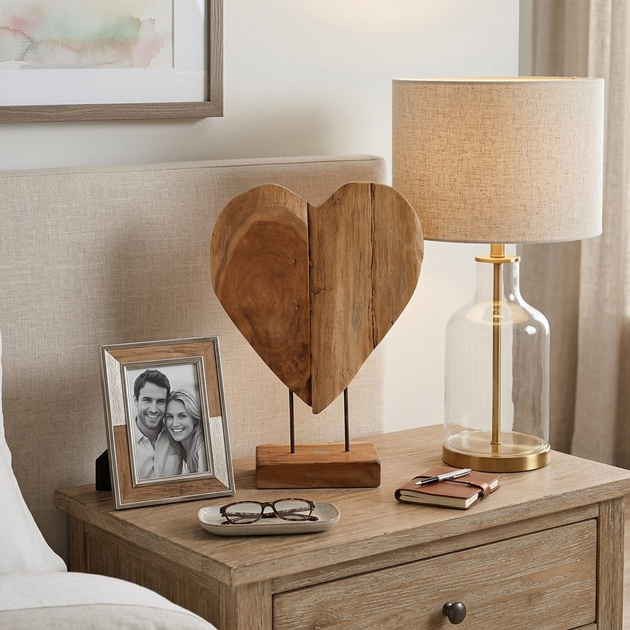 A cozy, neutral-toned bedroom setting showing a wooden heart sculpture on a light oak nightstand, complementing the linen bedding and soft natural light from a nearby window.