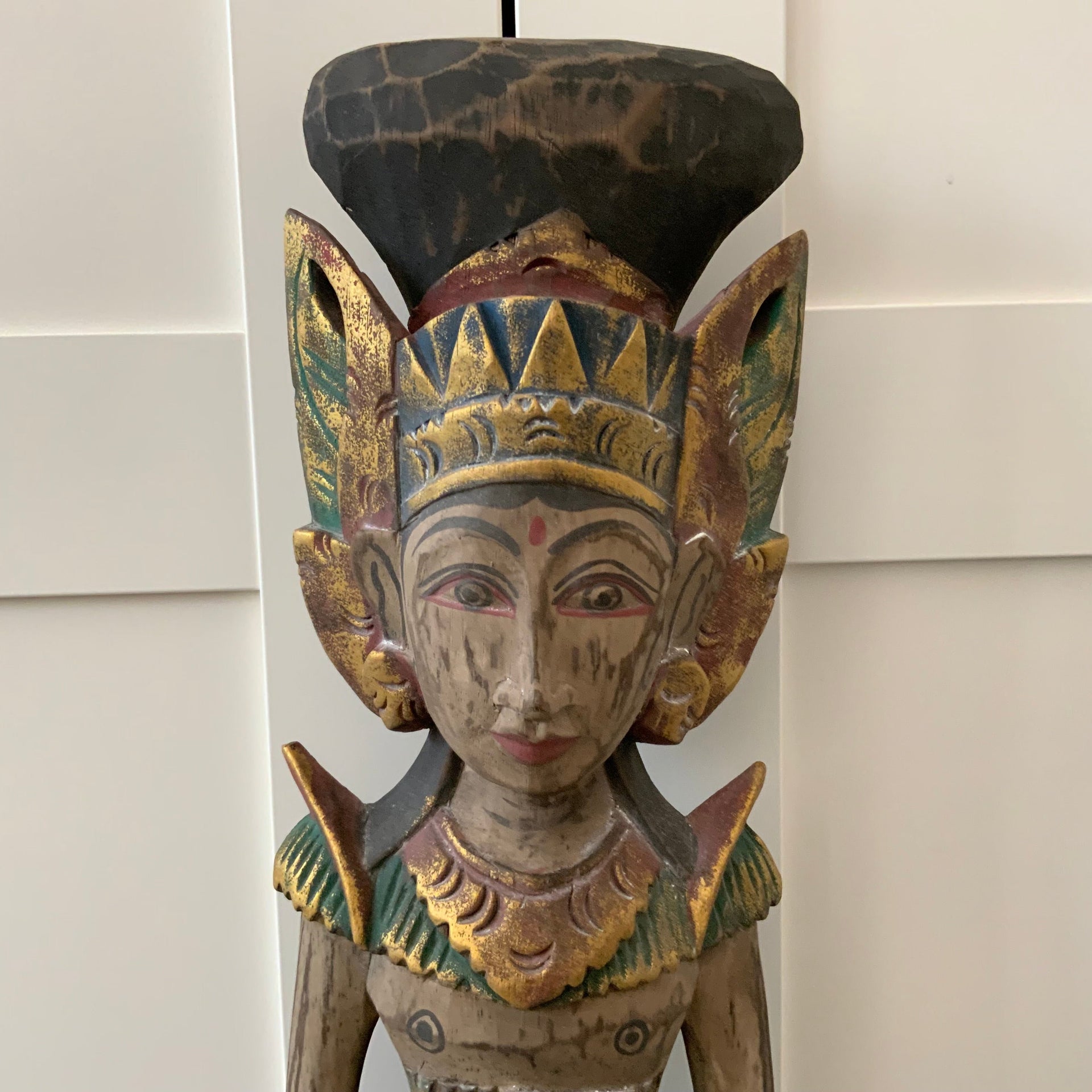 Hand-Carved Balinese Goddess Statue - Vintage Polychrome Wood Sculpture