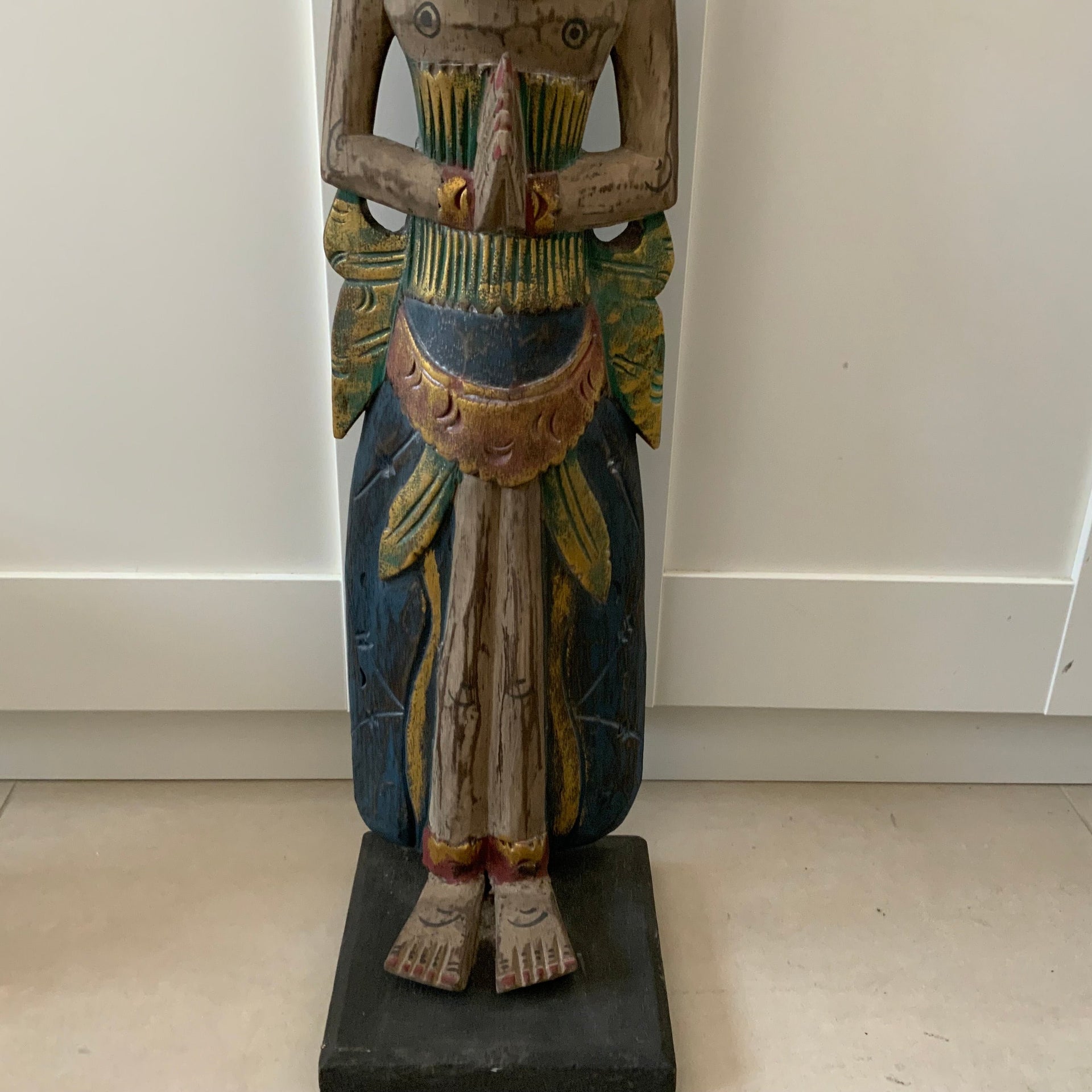 Hand-Carved Balinese Goddess Statue - Vintage Polychrome Wood Sculpture