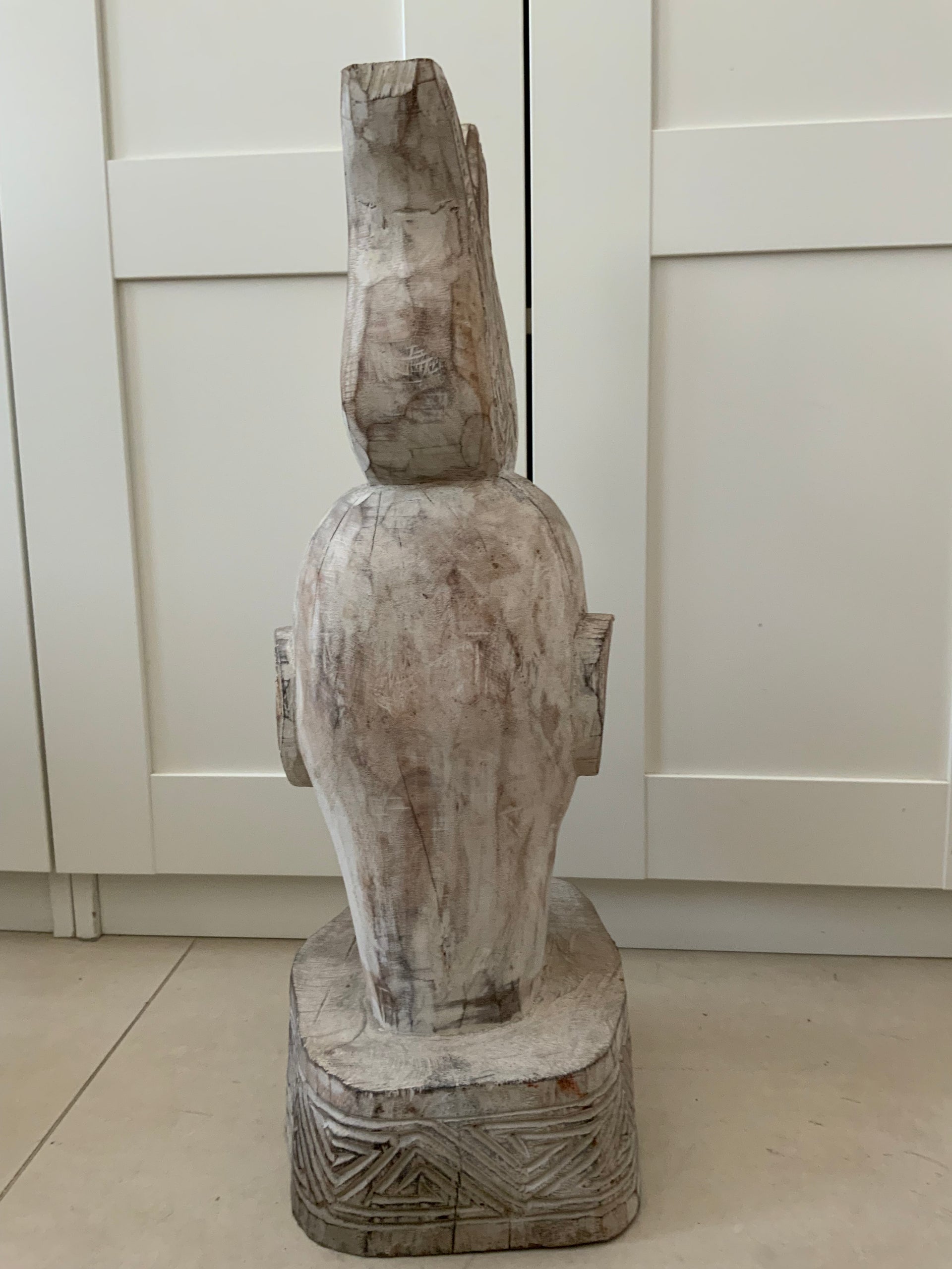 Hand-Carved Whitewash Tribal Head Statue - 56cm Large Wooden Totem Sculpture
