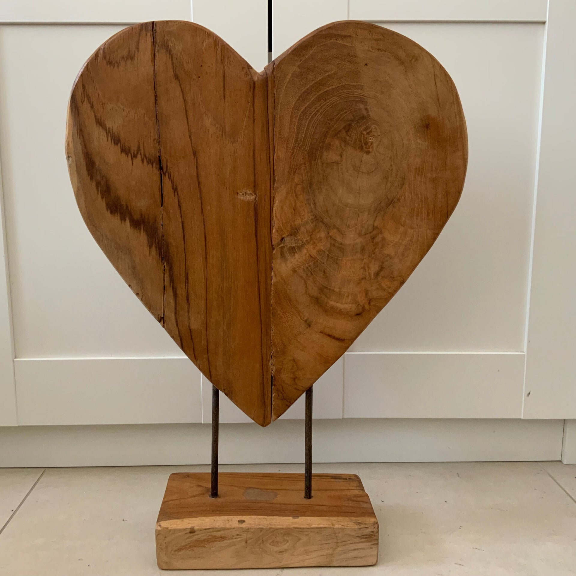 Handcrafted Reclaimed Wood Heart Sculpture on Stand – Rustic Teak Driftwood Decor