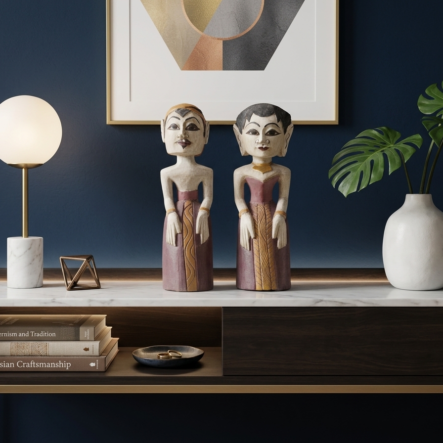 White-Washed Javanese Loro Blonyo Statues – Hand-Carved Artisan Wood Couple (Pair)