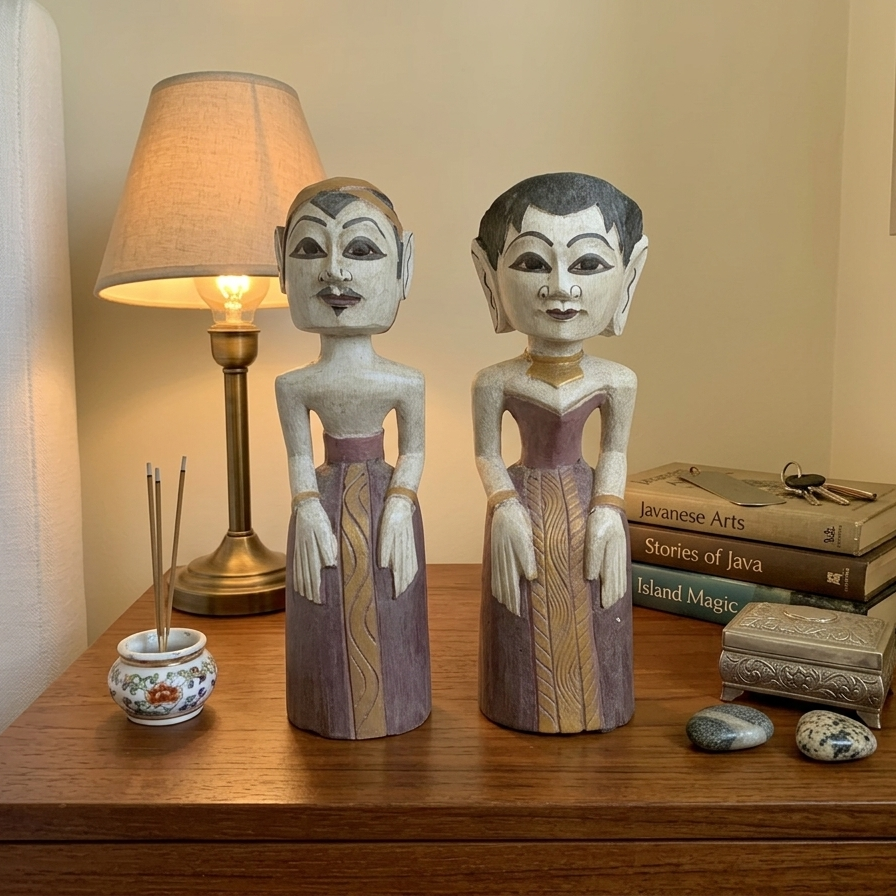 White-Washed Javanese Loro Blonyo Statues – Hand-Carved Artisan Wood Couple (Pair)