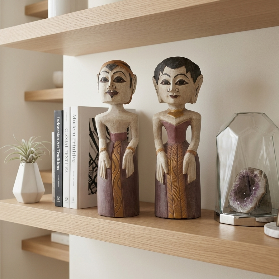 White-Washed Javanese Loro Blonyo Statues – Hand-Carved Artisan Wood Couple (Pair)