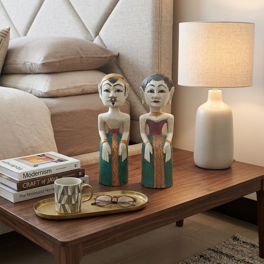 White-Washed Javanese Loro Blonyo Statues – Hand-Carved Artisan Wood Couple (Pair)