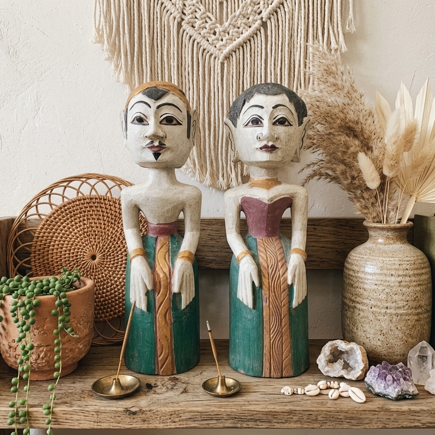 White-Washed Javanese Loro Blonyo Statues – Hand-Carved Artisan Wood Couple (Pair)
