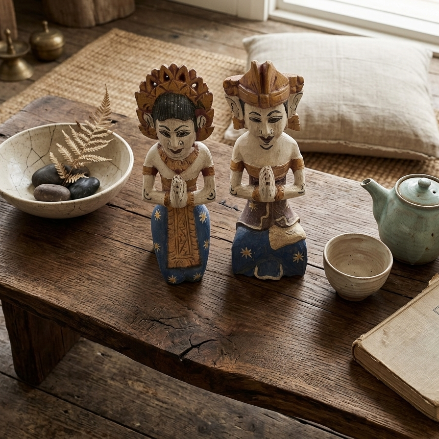 Hand-Carved Balinese Devotional Couple Statues – Vintage 