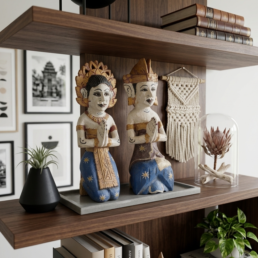 Hand-Carved Balinese Devotional Couple Statues – Vintage "Namaste" Greeting Figures in Cobalt & Gold (Pair)