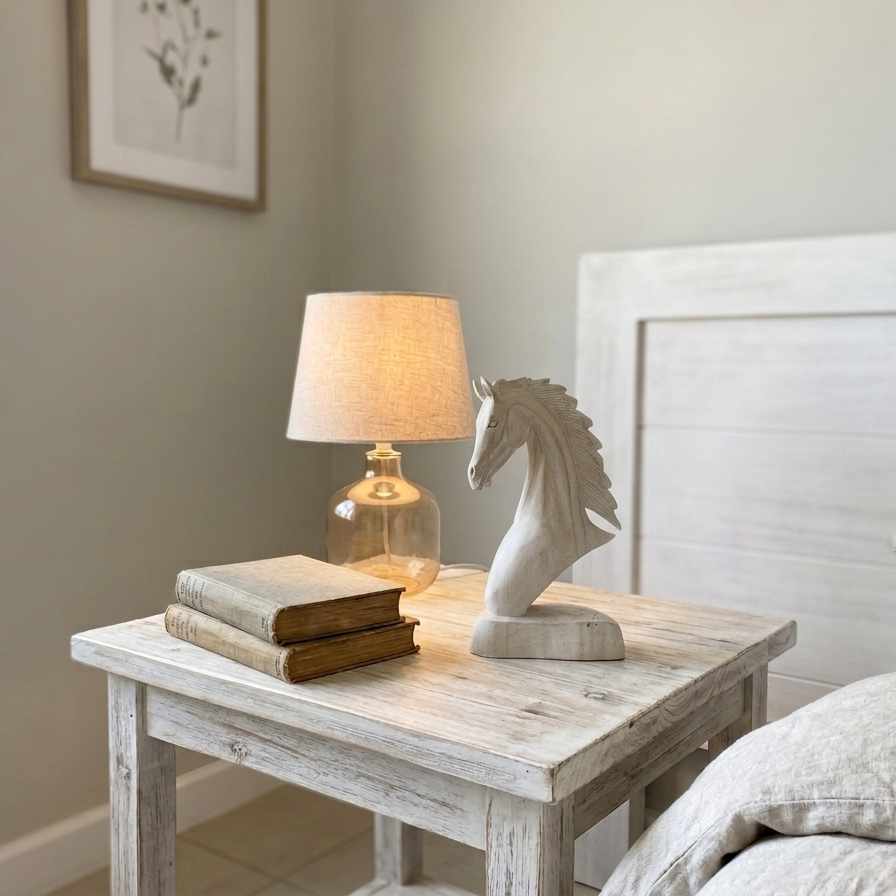 Decorative hand-carved horse statue on a whitewashed nightstand, complementing linen bedding and a warm glass table lamp for a cozy bedroom look