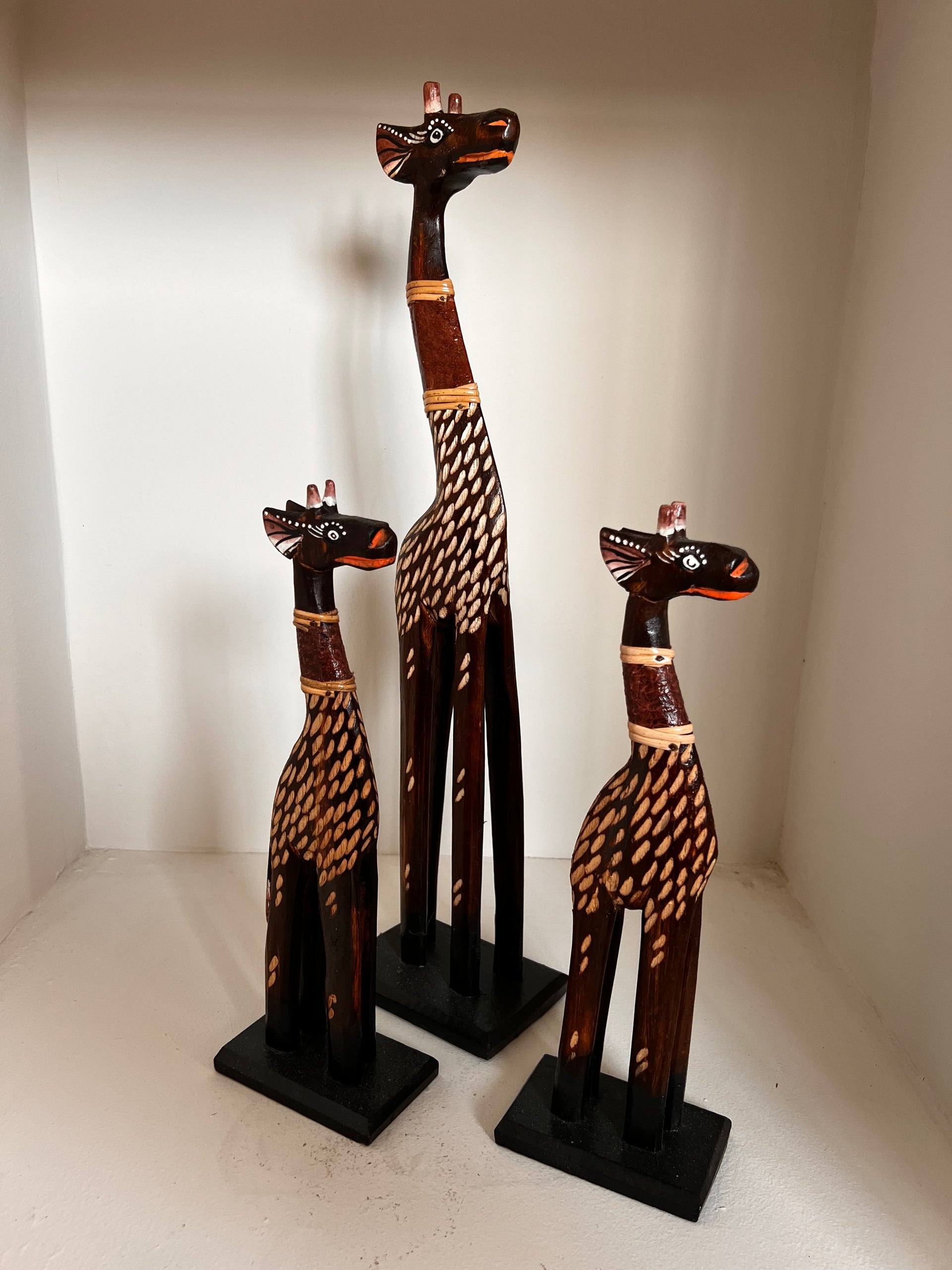 Handcrafted Wooden Giraffe Statue Set- African Home Decor (Set of 3)