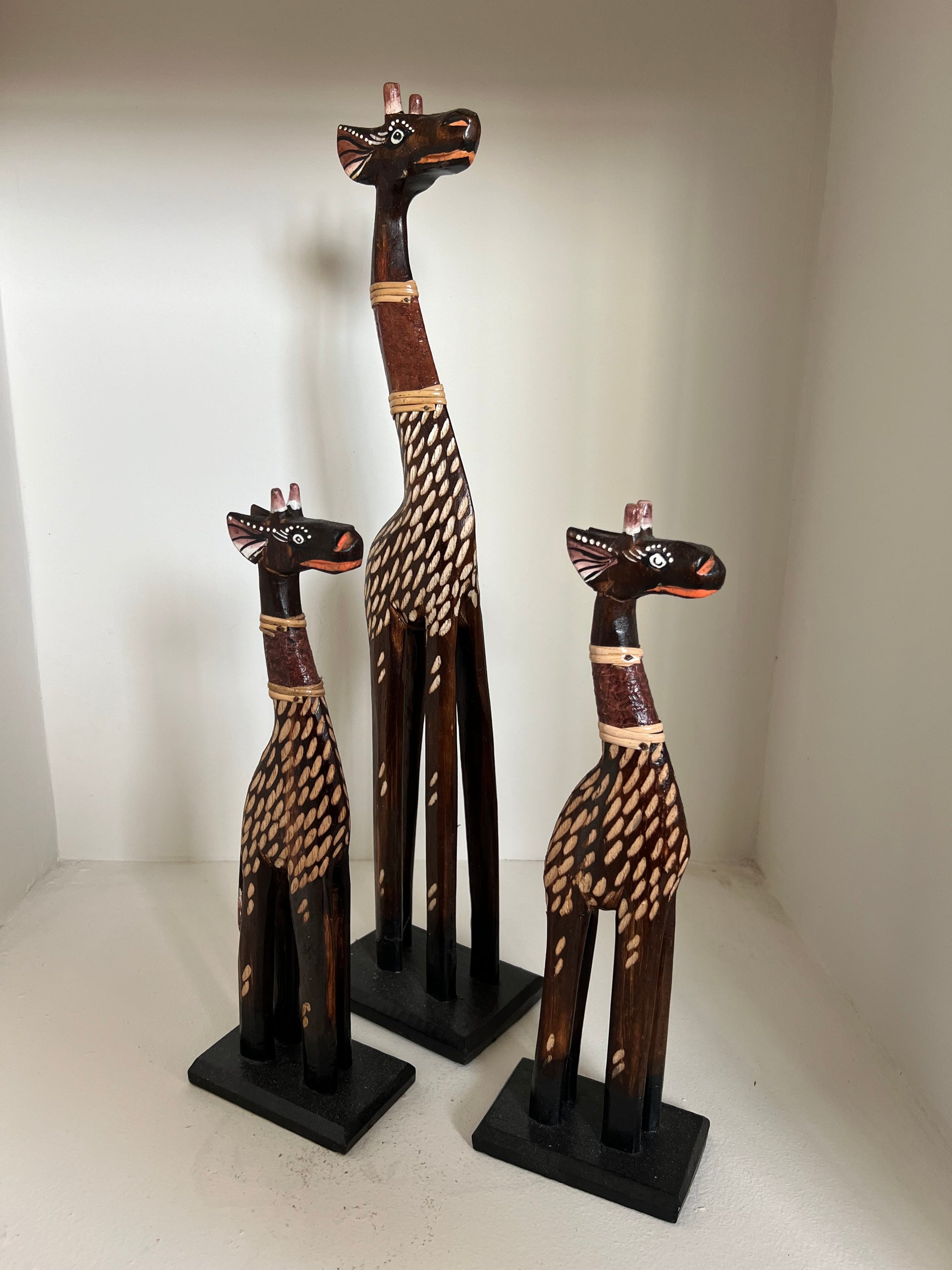Handcrafted Wooden Giraffe Statue Set- African Home Decor (Set of 3)