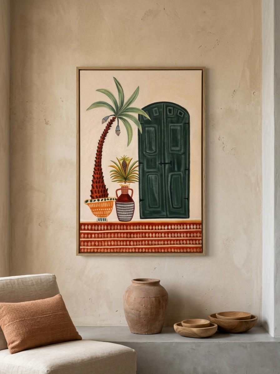 A folk art painting on canvas featuring a dark green arched door, a curved palm tree in an orange pot, and a patterned vase on a red decorative floor border.