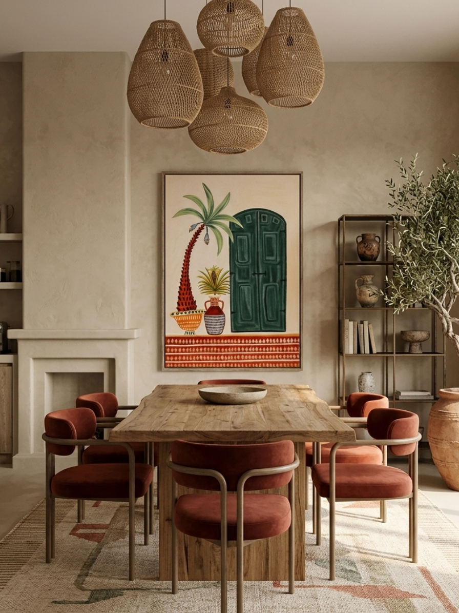 A folk art painting on canvas featuring a dark green arched door, a curved palm tree in an orange pot, and a patterned vase on a red decorative floor border.