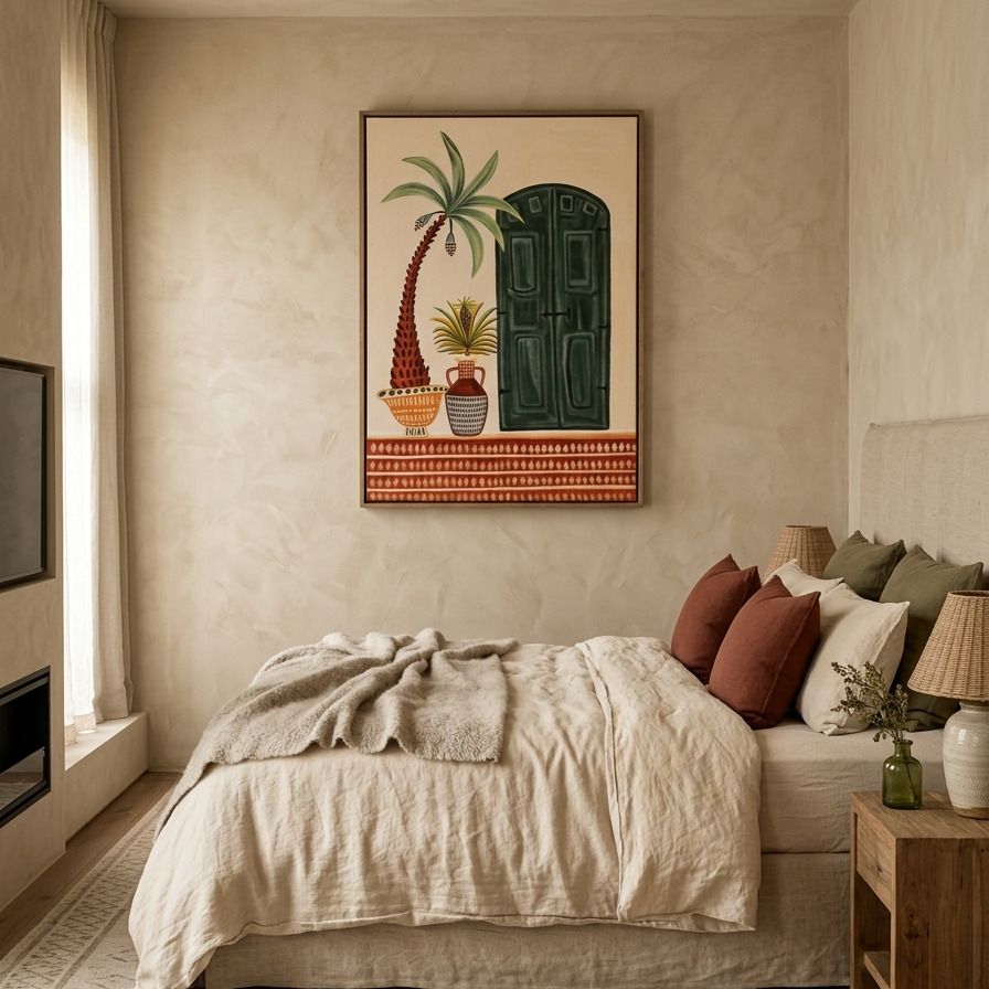 A folk art painting on canvas featuring a dark green arched door, a curved palm tree in an orange pot, and a patterned vase on a red decorative floor border.