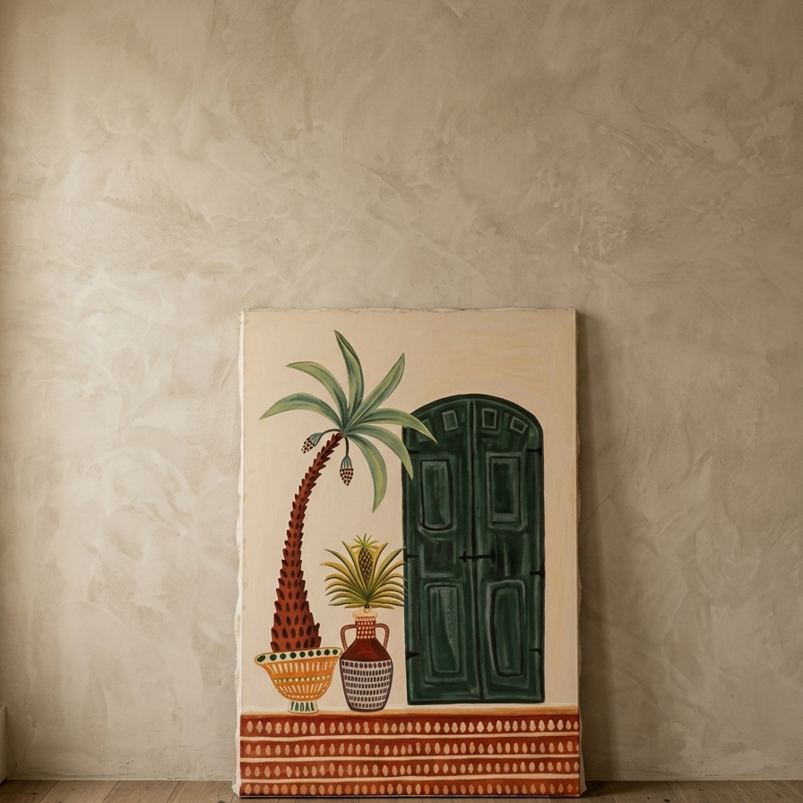 A folk art painting on canvas featuring a dark green arched door, a curved palm tree in an orange pot, and a patterned vase on a red decorative floor border.