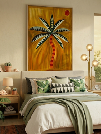 Solaris Palms: 110x70 Abstract Hand-Painted Ochre Canvas