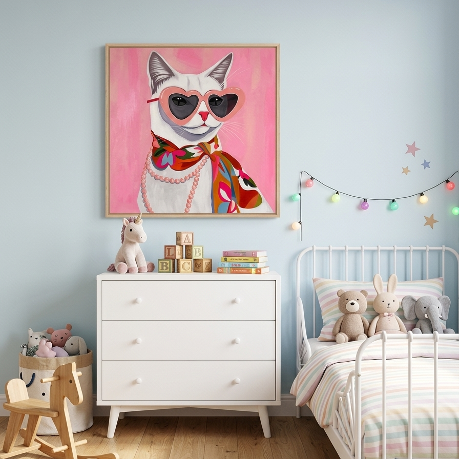 A vibrant pop-art style painting of a white cat wearing pink heart-shaped sunglasses, a multicolored floral silk scarf, and a string of pink pearls against a bright pink background.
