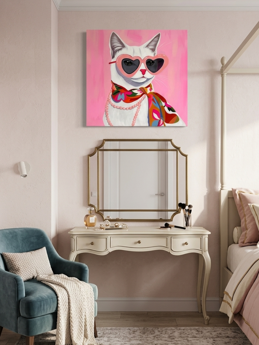A vibrant pop-art style painting of a white cat wearing pink heart-shaped sunglasses, a multicolored floral silk scarf, and a string of pink pearls against a bright pink background.