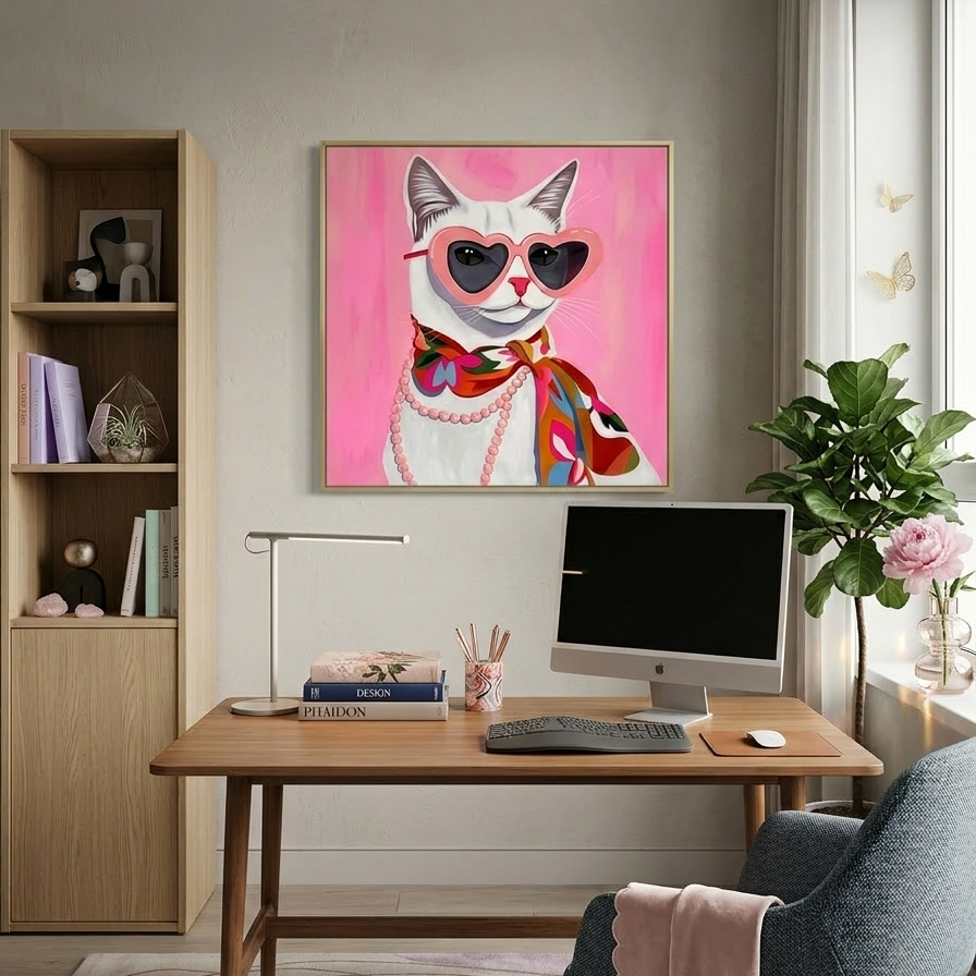A vibrant pop-art style painting of a white cat wearing pink heart-shaped sunglasses, a multicolored floral silk scarf, and a string of pink pearls against a bright pink background.