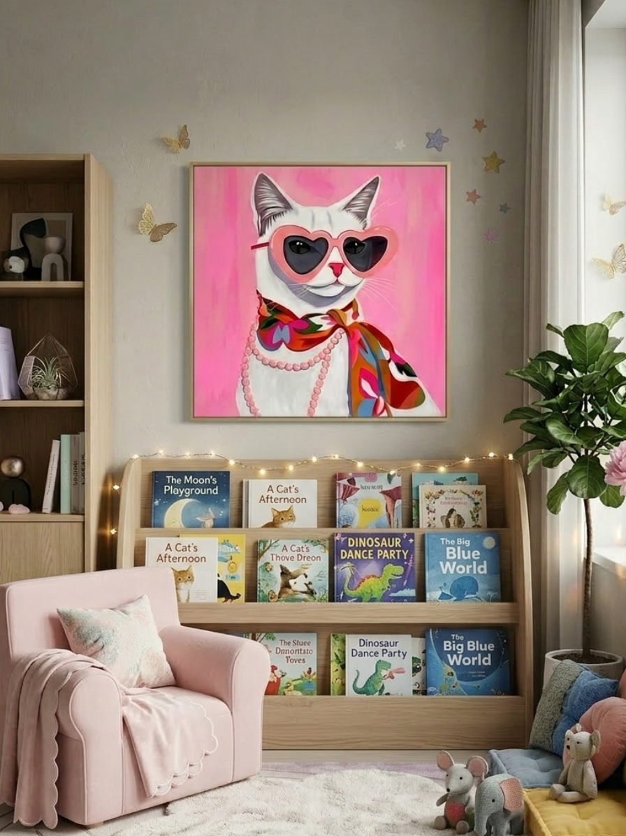 A vibrant pop-art style painting of a white cat wearing pink heart-shaped sunglasses, a multicolored floral silk scarf, and a string of pink pearls against a bright pink background.