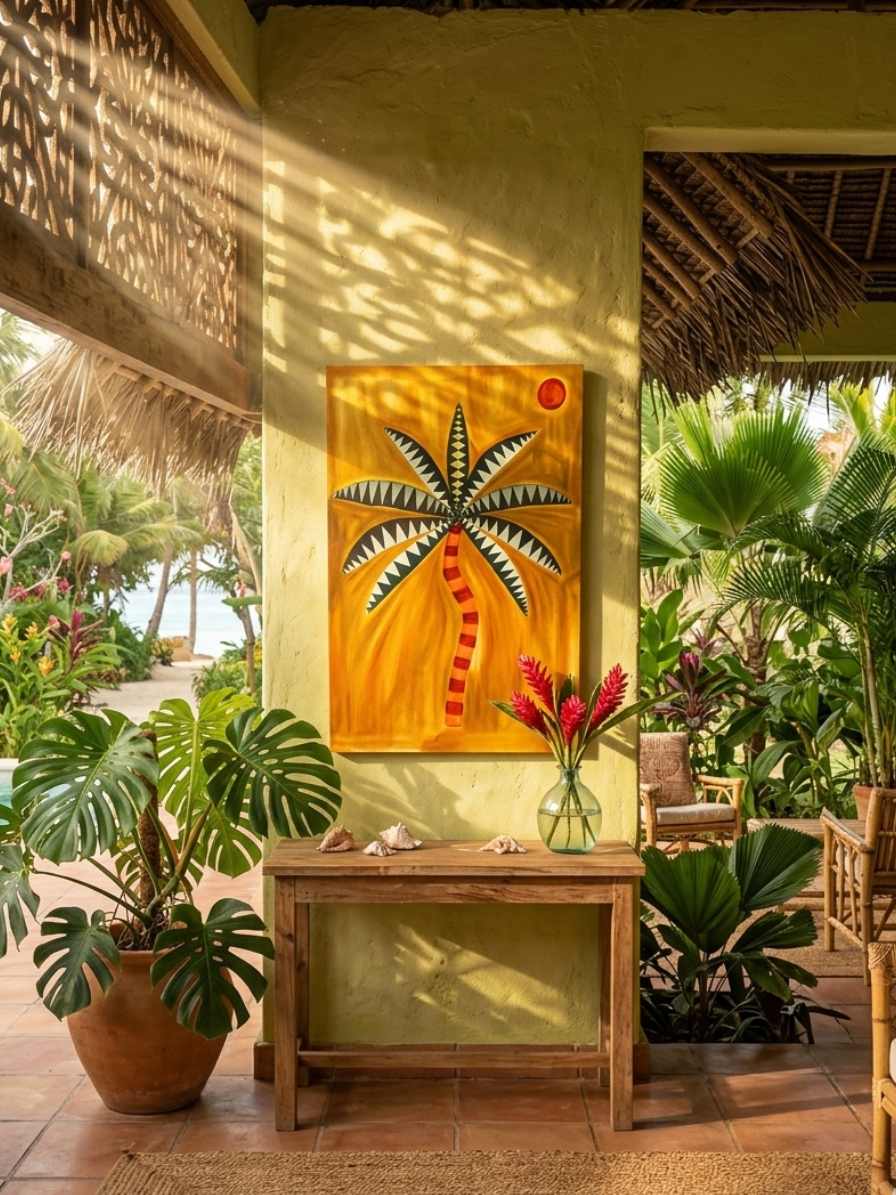 Solaris Palms: 110x70 Abstract Hand-Painted Ochre Canvas