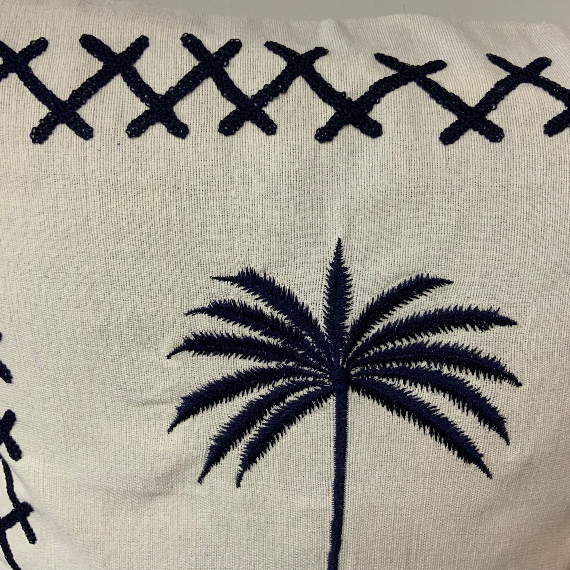 Embroidered Palm Tree Linen Pillow Cover – Hand-Stitched Navy Detail & Cross-Stitch Border