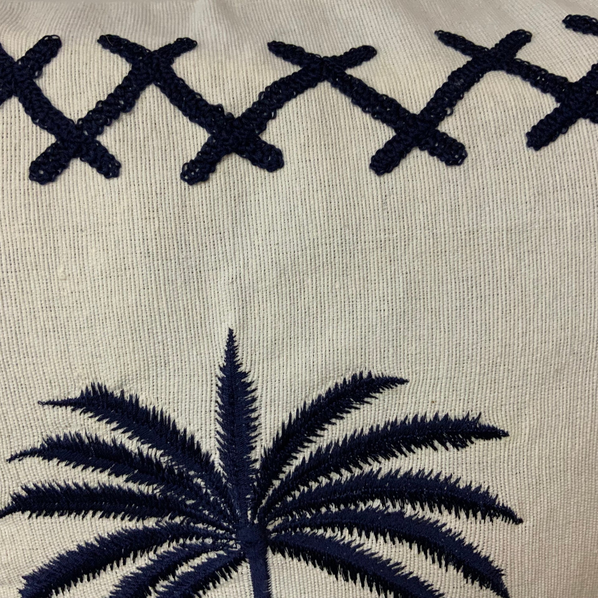 Embroidered Palm Tree Linen Pillow Cover – Hand-Stitched Navy Detail & Cross-Stitch Border