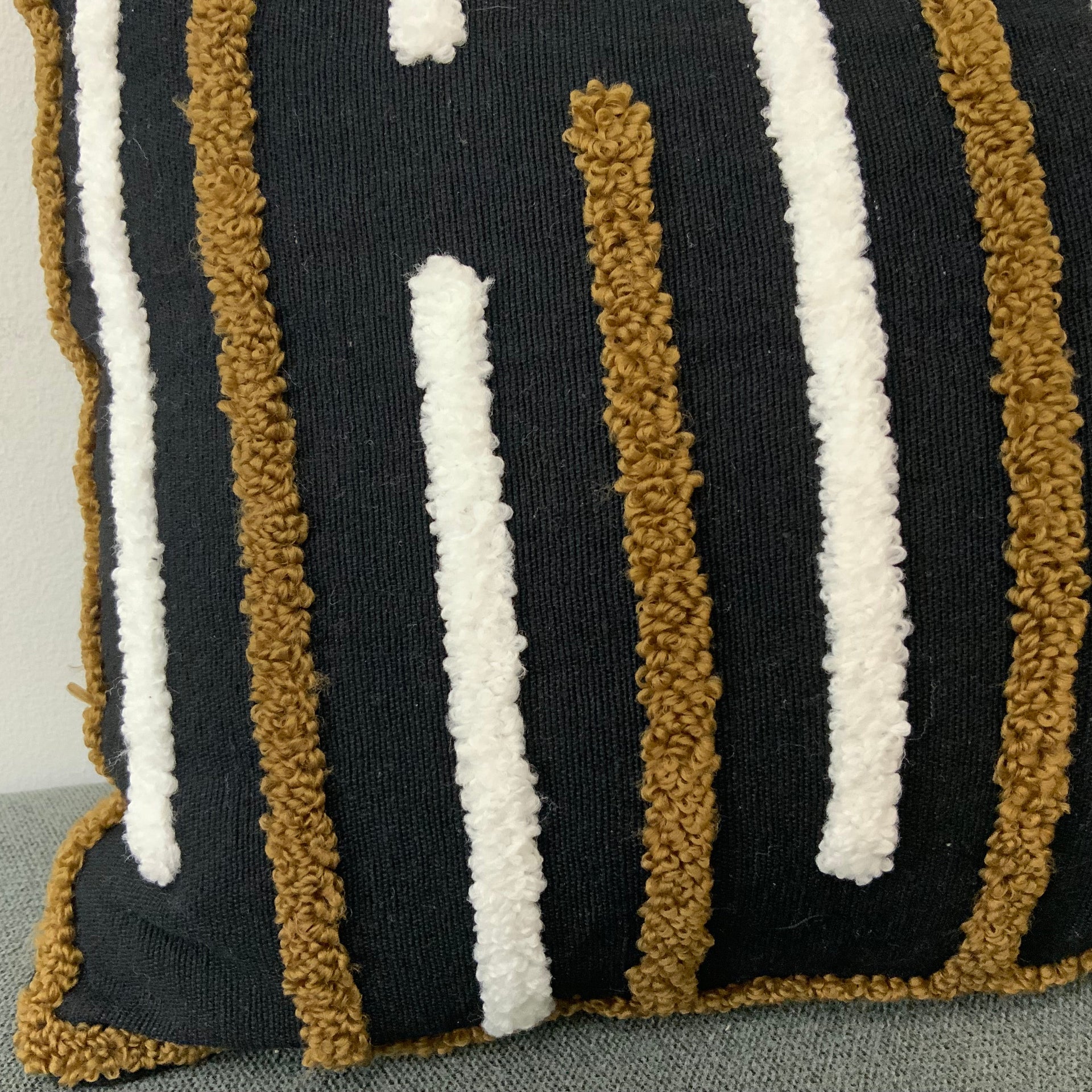 Hand-Tufted Lumbar Pillow Cover – Abstract Geometric Pattern in Charcoal, Ochre & Cream