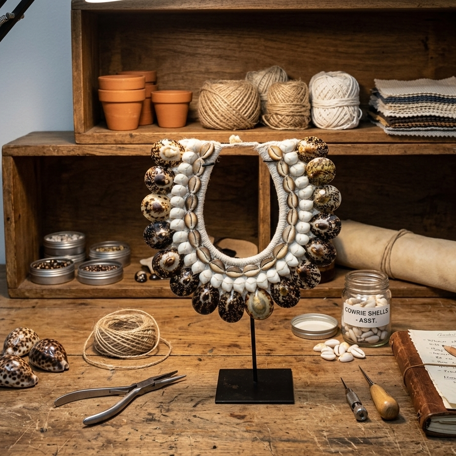 The Horizon Tiger Shell Tribal Necklace on Stand