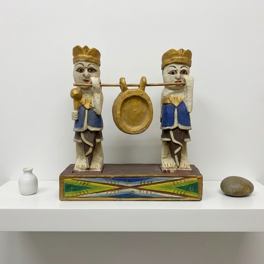 Hand-Carved Balinese Gamelan Musicians Sculpture – Vintage Folk Art Duo with Ceremonial Gong