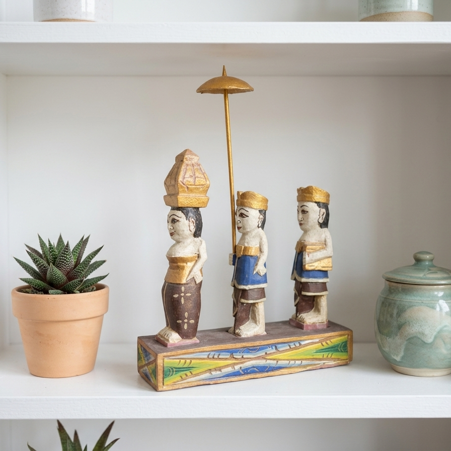 Hand-Carved Vintage Balinese Procession Sculpture – Traditional Folk Art Trio with Ceremonial Parasol