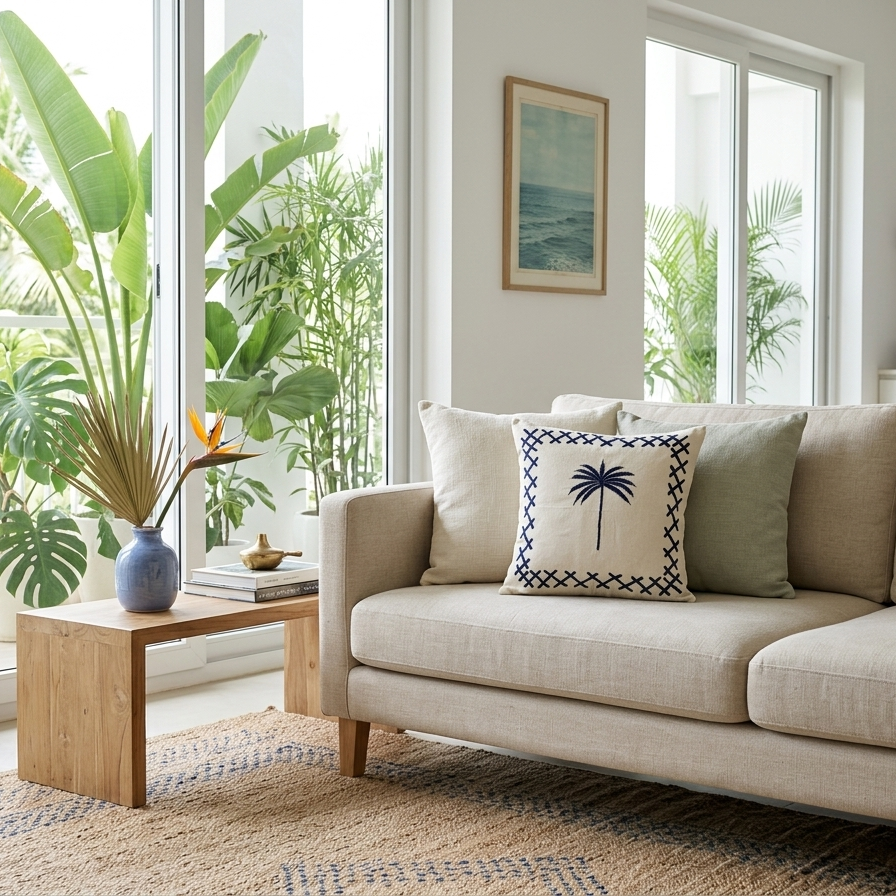 Embroidered Palm Tree Linen Pillow Cover – Hand-Stitched Navy Detail & Cross-Stitch Border