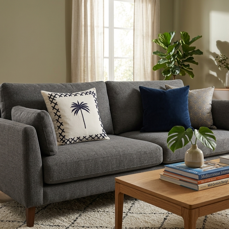 Embroidered Palm Tree Linen Pillow Cover – Hand-Stitched Navy Detail & Cross-Stitch Border