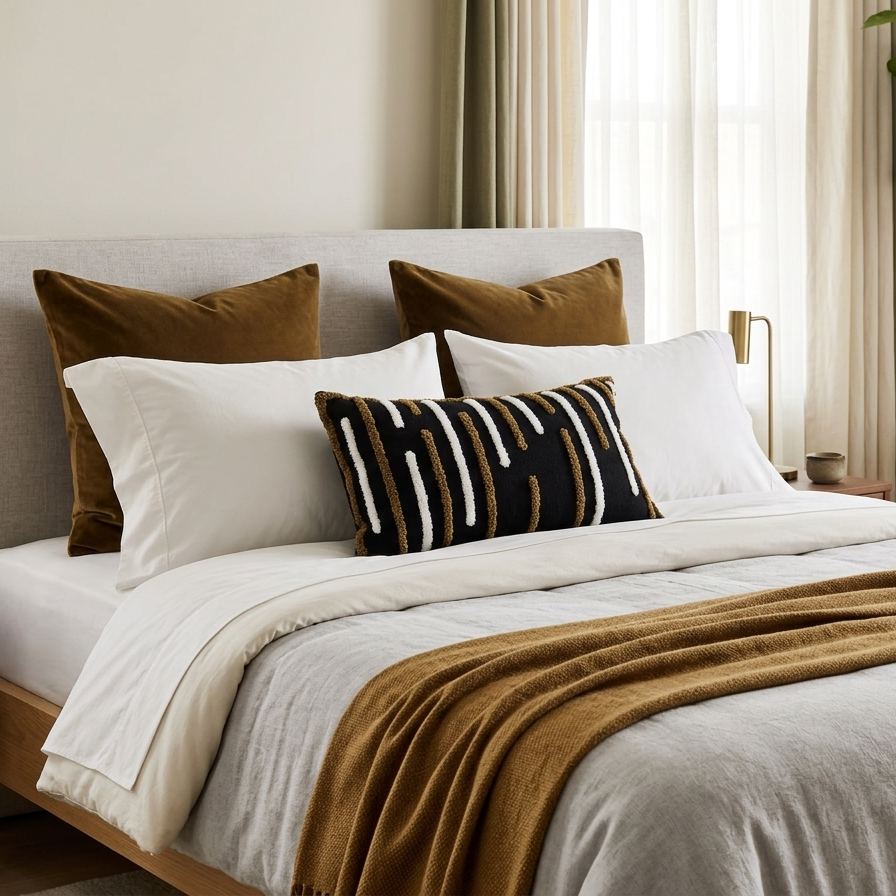 Hand-Tufted Lumbar Pillow Cover – Abstract Geometric Pattern in Charcoal, Ochre & Cream