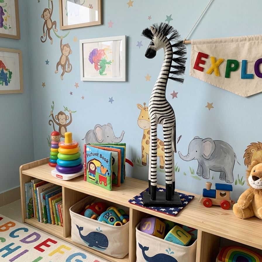 62 cm tall hand-carved wooden zebra figurine with black and white hand-painted stripes and a bristle mane, standing on a black wooden base against a white background.