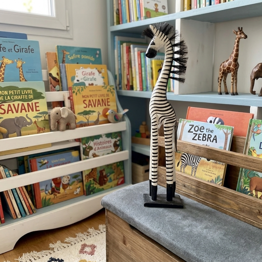 62 cm tall hand-carved wooden zebra figurine with black and white hand-painted stripes and a bristle mane, standing on a black wooden base against a white background.